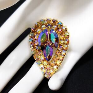 Mid-Century AB Teardrop Brooch – Red Marquise Rhinestones